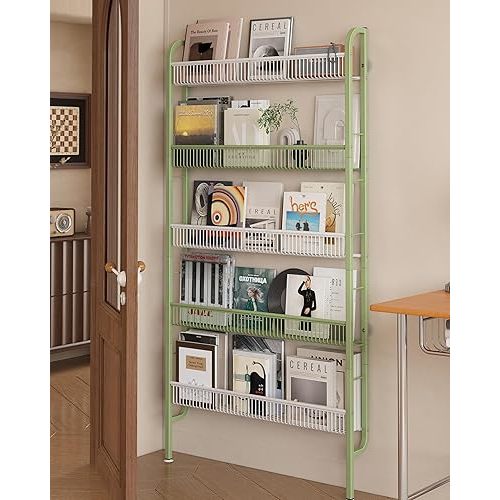 UMDONX Behind The Door Bathroom Shelf Narrow 5-Tier, Space-Saving Slim Storage Shelf Narrow Shelving Unit for Bathroom and Kitchen White+Green