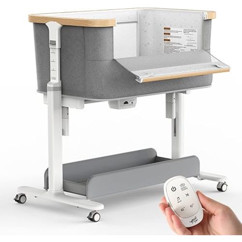 VaVaSoo Electric Rocking Bassinet for Baby 3 Speeds Auto Rolling Newborn Cradle Automatic Bedside Sleeper Rocks Itself 5 Height Adjustable with Music, Wheels, Storage, Light Grey