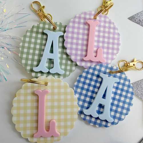 Gingham Scallop Acrylic Initial Keychain: Custom Name Bag Tag