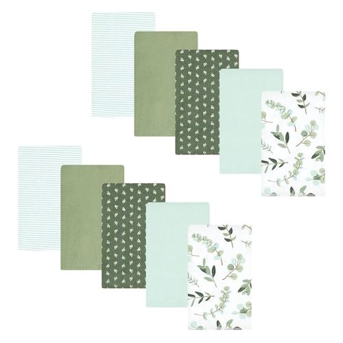 Hudson Baby Unisex Baby Cotton Poly Flannel Burp Cloths, Eucalyptus 10-Pack, One Size