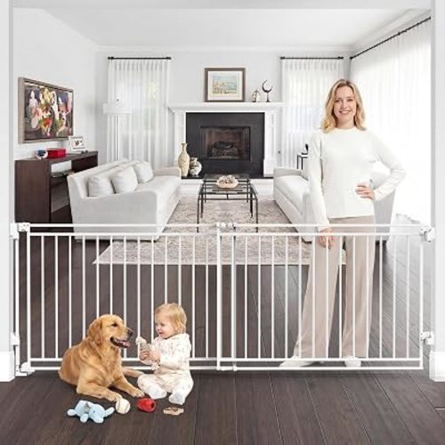 Betertek 45-80" Extra Wide Baby Gate for Large Openings-No Bottom Bar&Extra Wide Walk Thru Door, Chew&Impact Resistant Metal Heavy Duty Dog Gate, Hardware Mount Safety Indoor Extra Long Pet Gate