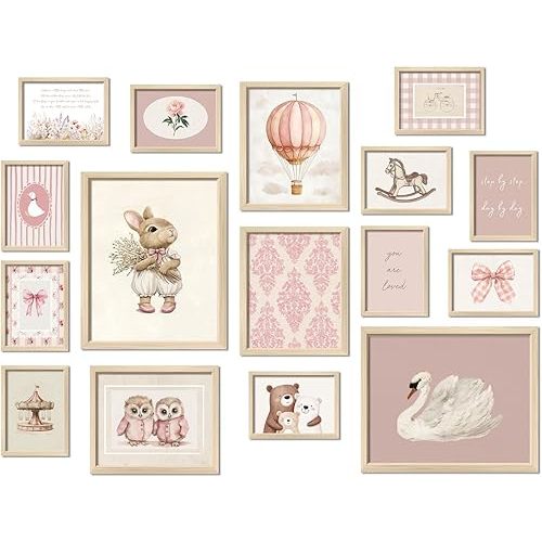 16 PCS Pink Nursery Wall Art Decor, Vintage Baby Girl & Boy Nursery Decor, Kids Toddler Room Bedroom Playroom Decor, Animals Eclectic Gallery Wall Prints, Bear Duck Goose Rabbit