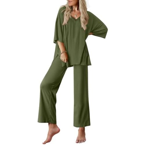 Ekouaer Lounge Sets for Women Pajamas Set Short Sleeve Tops and Long Pants Soft 2 Piece Outfits with Pockets S-XXL