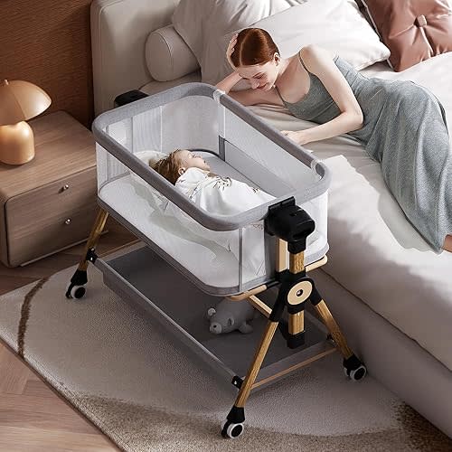 3 in 1 Baby Bassinet,Bedside/Rocking Bassinet for Baby,Bedside Crib with Lockable Wheels,Waterproof Mattress,Adjustable 6 Heights,Portable Baby Bassinets Bedside Sleeper (Light Gray)