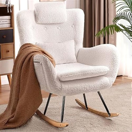 Waleaf Rocking Chair Nursery, Teddy Upholstered Rocking Chair Indoor with High Backrest Glider Accent Chair, Padded Seat Nursing Chair with Headrest Comfy Chair for Bed Room (Ivory)