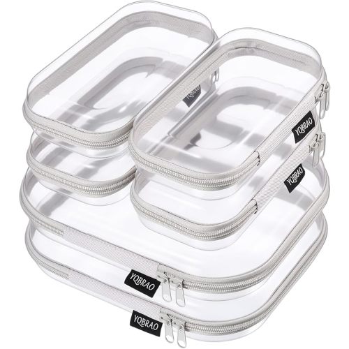 6 Pack Clear Hard Shell Beauty Organizer (2M+4S), 1.2mm Crush-Proof Cosmetic Case, Reinforced YKK Zippers, Stadium Approved Security Bag for Skincare, Toiletries & Electronics, Multi-Size Set