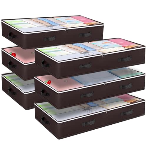 Budding Joy 6 Pack 90L Under bed Storage Containers Organizer Large Capacity Underbed Clothes Storage Bins Organization and Storage Bedroom Foldable Storage Bags with Clear Window Brown