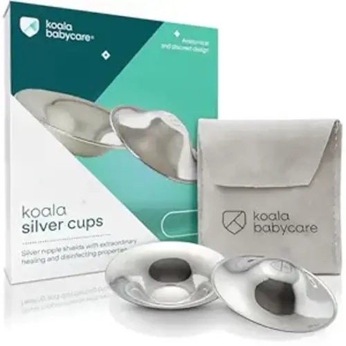 Koala Babycare The Original Silver Nursing Cups - Nipple Shields for Breastfeeding Newborn - Breastfeeding Essentials - Protect and Soothe - Tri-Laminate Silver - Standard Size