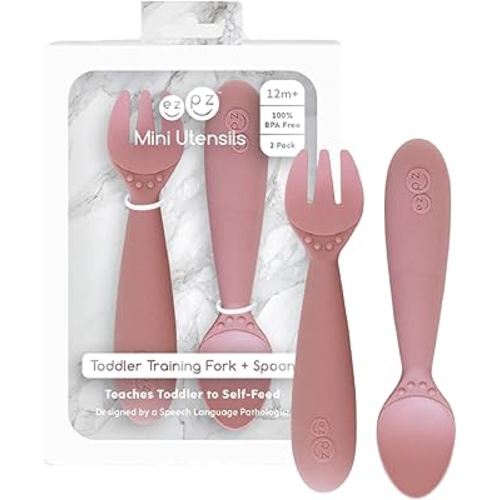 ezpz Mini Utensils - 12 Months+ (Fork & Spoon in Blush) - 100% BPA Free Fork and Spoon - Toddler Utensils - Designed by a Pediatric Feeding Specialist