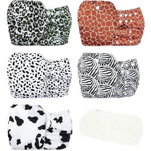 wegreeco Cloth Diapers 5 Pack with 5 Inserts, Washable Cloth Diapers for Babies, One Size Adjustable Reusable (Animal Party)