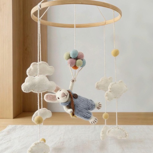 Wool Felt Bunny Mobile, Neutral Baby Shower Gift,  Hot Air Balloon Baby Crib Mobile, Neutral Nursery Decor