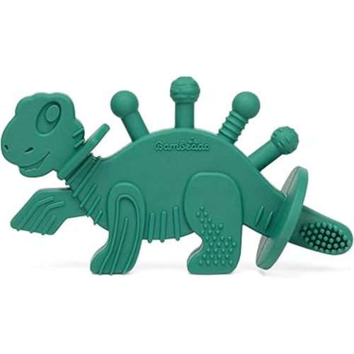 Bambeado Dibly Baby Teething Toy - Made with Natural Rubber & Amber Elements - Easy to Hold, Simple to Clean - Cute Dinosaur Teether Toy - Alternative to Amber Teething Necklace Green