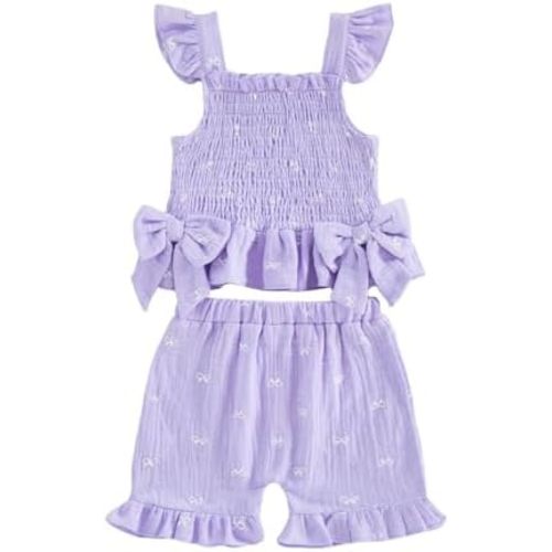 Toddler Baby Girl Outfit Summer Clothes Bow Print Bowknot Smocked Camisole Tank Top Ruffle Shorts Set