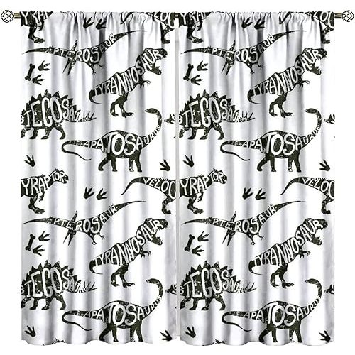 Kids Dinosaurs Curtains, White Black Animals Kids Boy Jurassic Ancient Animals Print for Room Window Decor, Rod Pocket Blackout Drapes for Living Room Bedroom Kitchen 2 Panel Set 21"W X 54"L
