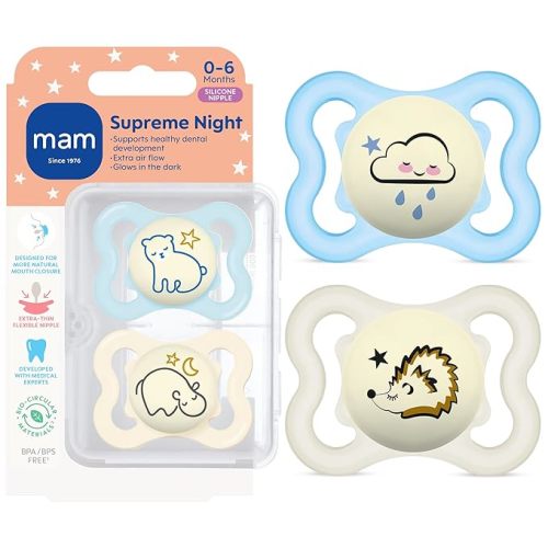 MAM Supreme Baby Pacifier, Newborns 0-6 Months, Developed with Orthodontists, Extra Air Flow for Sensitive Skin, Glows in The Dark, BPA-Free Silicone, Sterilizer Case, Pack of 2, Made in Europe