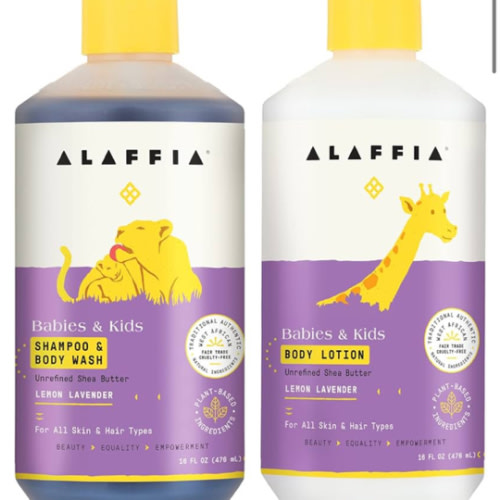 Alaffia Babies and Kids Shampoo & Body Wash (16oz) and Body Lotion (16oz) - Gentle Everyday Bath Essentials for Delicate Skin/Hair- Paraben & Sulfate Free - Natural Plant-Based Lemon Lavender Scent