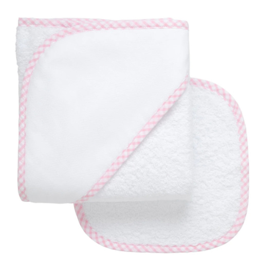 Pink Check Trim Hooded Towel & Washcloth Set