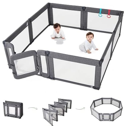 Doradotey Baby Playpen with Walk-in Door, Foldable Adjustable 8-Panel Play Yard for Babies & Toddlers, Large Safety Playpen with 360° Breathable Mesh, Anti-Slip Suction Cups, Indoor