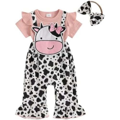 Baby Girl Summer Outfit Cartoon Animals Cow Short Sleeve One-Piece Romper Jumpsuit Headband Set Newborn Clothes