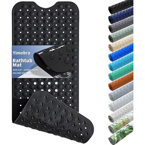 Yimobra Non Slip Bathtub Mat 40 x 16 Inch, Extra Long Shower Mat with Drain Holes, Machine Washable Baby Bath Mats, Strong Suction Cups for Bathroom Floor, Black