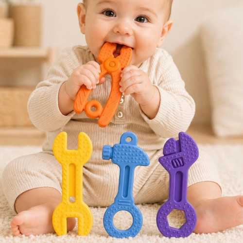 Construction Themed Chew Safe Teething Infant Toy, Development and Sensory Play, Modern Design, Baby Shower Gift Set