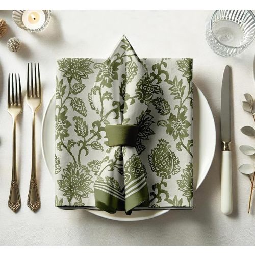 Luxury Cotton Twill Napkins - Set of 12, 20-Inch Green Floral Pattern, Premium Thick Cloth Napkins for Elegant Dining & Special Occasions - Soft, Absorbent & Machine Washable