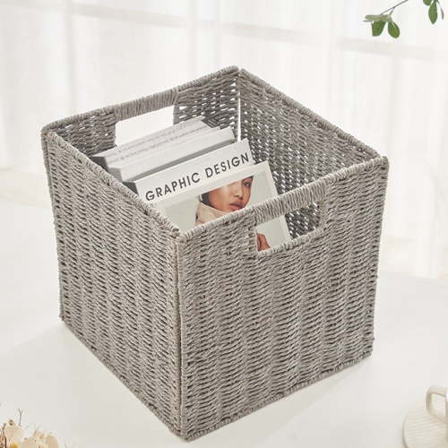 Set of 2 Wicker Storage Basket, Hand-Woven Storage Baskets for Shelves with Handles Foldable Cube Storage Baskets Bins, 9 inch