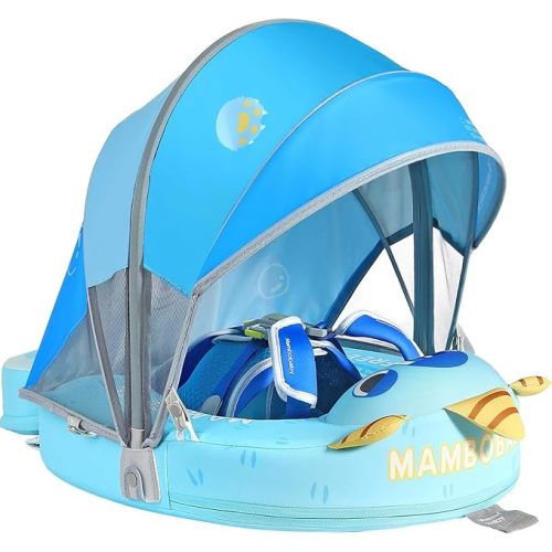 Mambobaby Float Add Tail No Flip Over Non-Inflatable Baby Swim Float Pearl Foam Solid Water Floats Smart Swim Trainer Infant Pool Float Swim Ring with Sun Canopy