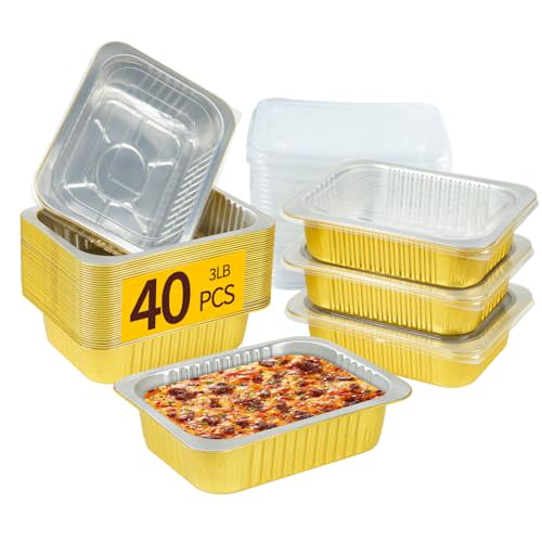 JARDLITE 40 Pack 3 LB Aluminum Pans with Lids Heavy Duty (8.7"×6.6"×2.5") Foil Food Containers with Lids, 50oz Disposable Tin Foil Pans with Lids for Baking, Meal Prep, Freezer, Heating and Takeout