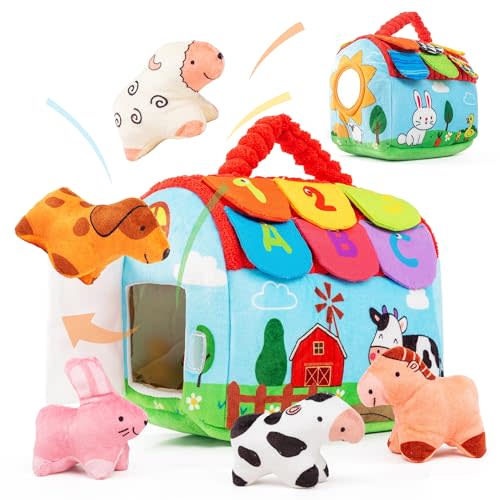 WECHARM KIDS Surprise Barn Stuffed Farm Animals Set, Montessori Sensory Toys with Rattle, Crinkle, Mirror and Balls for 6-12 Months Babies, Indoor Learning Christmas Stocking Stuffer