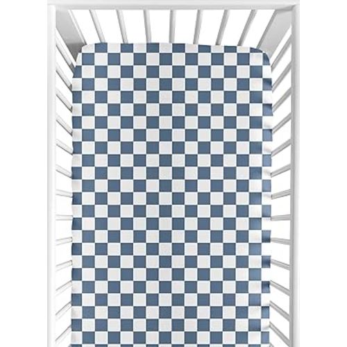 Sweet Jojo Designs Fitted Baby Crib Sheets (Blue and White Gingham Checkered) for Boys, Infant Nursery, Toddler Room - Standard Size (Neutral, Plaid, Vintage, Modern, Check, Geometric, Retro, Slate)