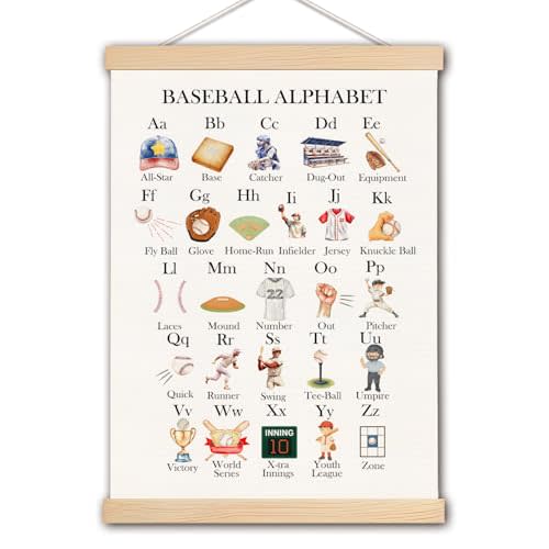 pouep Baseball Alphabet Nursery Wall Art Poster, Baseball Room Decor for Boys, Sports ABC Alphabet Educational Canvas Prints Wall Decor for Kids Boys Bedroom Dorm Nursery, 12x16 Inches