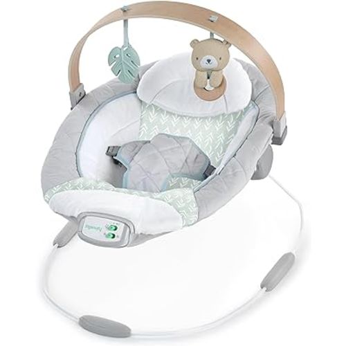 Ingenuity Cozy Spot Soothing Baby Bouncer with Wooden-Toy Arch, Natural Rubber-Toy, Safety Harness, Music & Auto-Shutoff, 0-6 Months, Grey