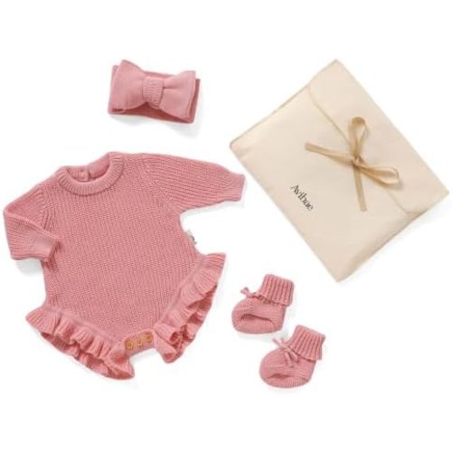 Avibae Cotton Newborn Set with Knit Sweater, Hair Band, Booties, Baby Girls