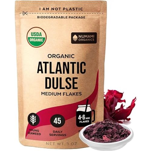 Organic Atlantic Dulse Flakes Young Seaweed Grown in North Atlantic, Vacuum Dried Premium Quality. Soft Texture & Mild Taste. Add 1 tsp to your dish for daily vitamins/minerals. 45 Servings (1 Oz)