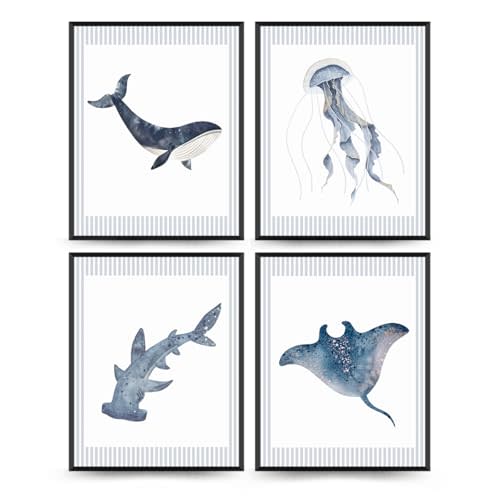 Wheatwin Ocean Room Decor, Beach Nursery Playroom Decor, Baby Boys Room Wall Art Ocean Sea Animal Prints Set of 4, Navy Blue Sea Animal Wall Decor for Toddler Kids Bathroom Room 8x10 Unframed