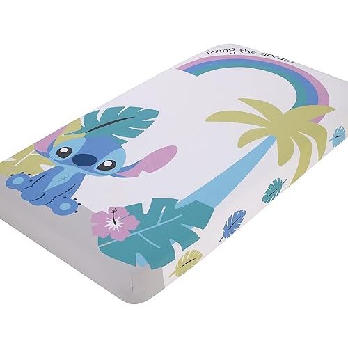 Disney Stitch Blue, Teal, Lime, Lavender, and White Living The Dream Photo Op Fitted Crib Sheet