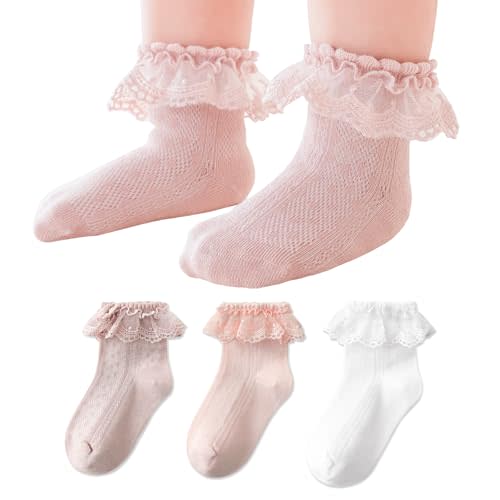 EPEIUS Baby Lace Socks Newborn Girl Eyelet Ruffle Frilly Socks Soft Breathable Seamless Cotton Sox 0-6/6-12/12-24 Months
