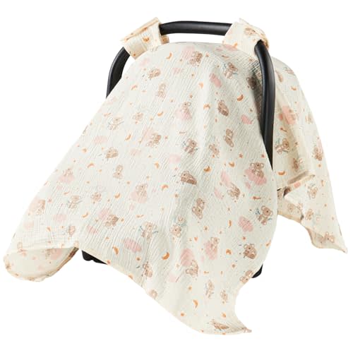 100% Muslin Cotton Car Seat Cover for Baby, Breathable Soft Car Canopy & Sunshade, Universal Infant Carseat Cover, Lightweight Summer Stroller Cover for Boys Girls - Koala