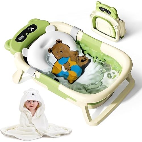 Baby Bathtub for Newborn to Toddler, Baby Bath Tub with Soft Towel and Floating Cushion, Baignoire Pour Bébé, Shower Essentials for Newborn (0-18 Months) Green