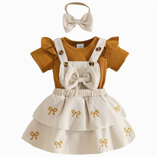 UngA Baby Girl Summer Clothes Overall Dress Short Sleeve Ribbed Romper Suspender Skirts Headband Infant 3Pcs Outfits Set 9-12 Months,Coffee