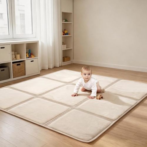Goyuu Foldable Baby Play Mat for Floor, 50x50 Playpen Mat,Super Soft Velvet 0.8" Baby Tummy Time Mat, Non-Slip Water-Resistant Easy Clean Foam Playmat for Baby,Grey