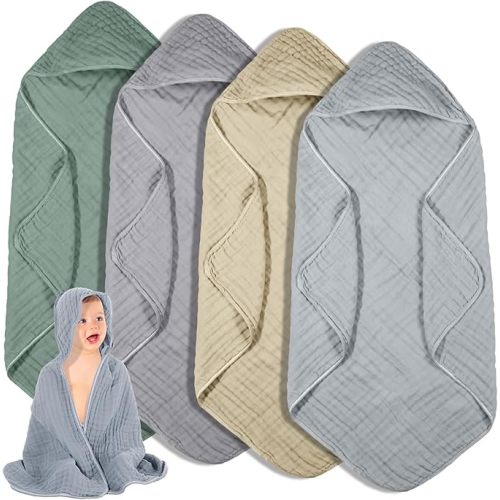 Peryiter 4 Pcs Muslin Hooded Baby Towels, 32"x 32" Cotton Newborn Bath Towel Muslin Infant Baby Blankets Absorbent Unisex Newborn Registry Gift Essentials for Girls Boys (Warm Colors)