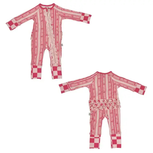 Speedway Stripe Design- Calypso Coral Ruffle Bamboo Baby Sleeper