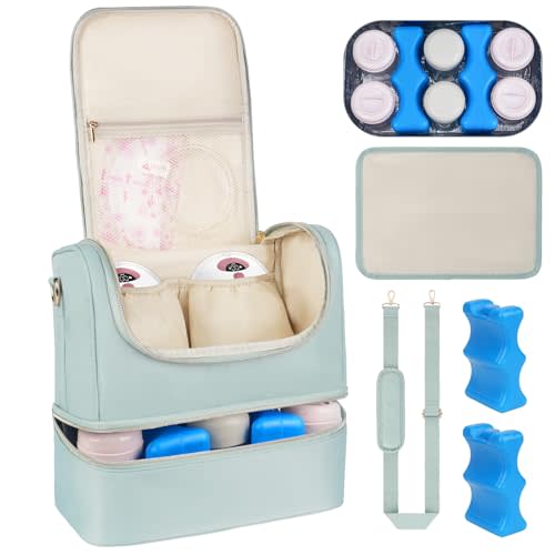 Wearable Breast Pump Bag with Cooler Compartment Fits for Willow/Elvie/Momcozy M5/S12 Pro/Medela, Breast Milk Travel Tote Bag with Ice Pack & Waterproof Mat,Mint Green