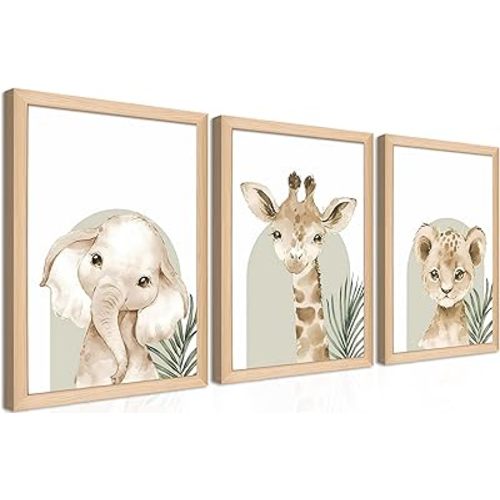 Framed Cute Animal Wall Art Nursery Decor Set of 3, Watercolor Elephant Giraffe Lion Canvas, Whimsical Wildlife Pictures Print, Nursery Wall Decor for Kids’ Bedroom Daycare – 16x24 inch