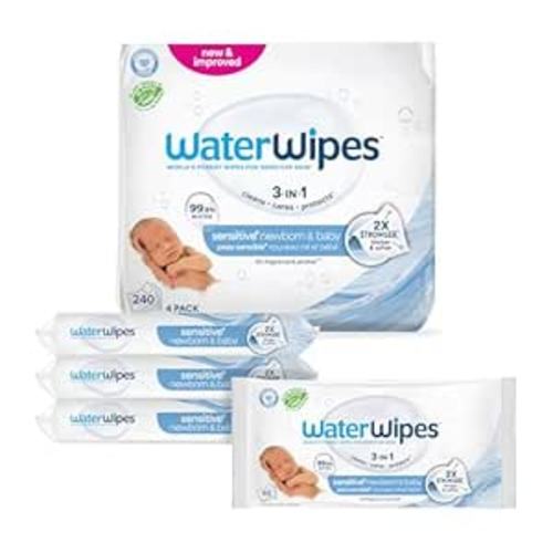 WaterWipes Sensitive+ Newborn & Baby Wipes, 3-In-1 Cleans, Cares, Protects, 99.9% Water, Unscented & Hypoallergenic, 240 Count (4 Packs)