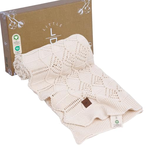 Little Dedi Emily 100% Organic Cotton Baby Knitted Blanket with Gift Box - Soft Toddler, Crib, Stroller Blanket - Neutral Swaddle and Receiving Blanket for Newborns, 30"x40", Natural Beige