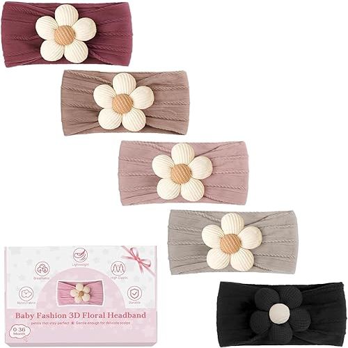 CÉLLOT 5 Pcs Baby Flower Headbands Baby Girls Nylon Headbands Soft Hairbands Hair Accessories for Newborn Infant Toddler Kids(Autumn/Winter Colors)