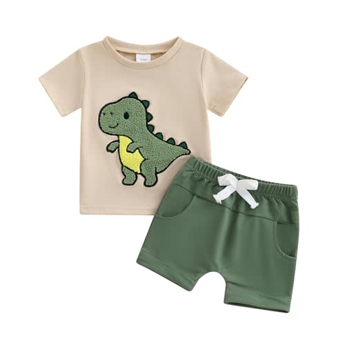 fhutpw Toddler Baby Boy Summer Clothes Embroidery T-Shirt Casual Shorts Sets Infant Truck Excavator Dinosaur Pattern Outfits